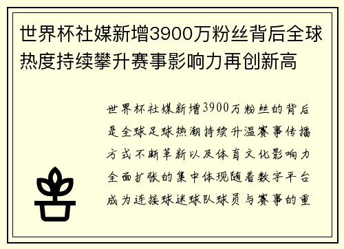 世界杯社媒新增3900万粉丝背后全球热度持续攀升赛事影响力再创新高
